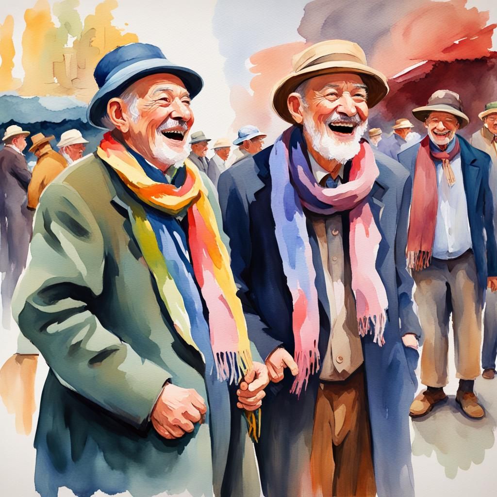 Laughing Old Men in Watercolour Scarves