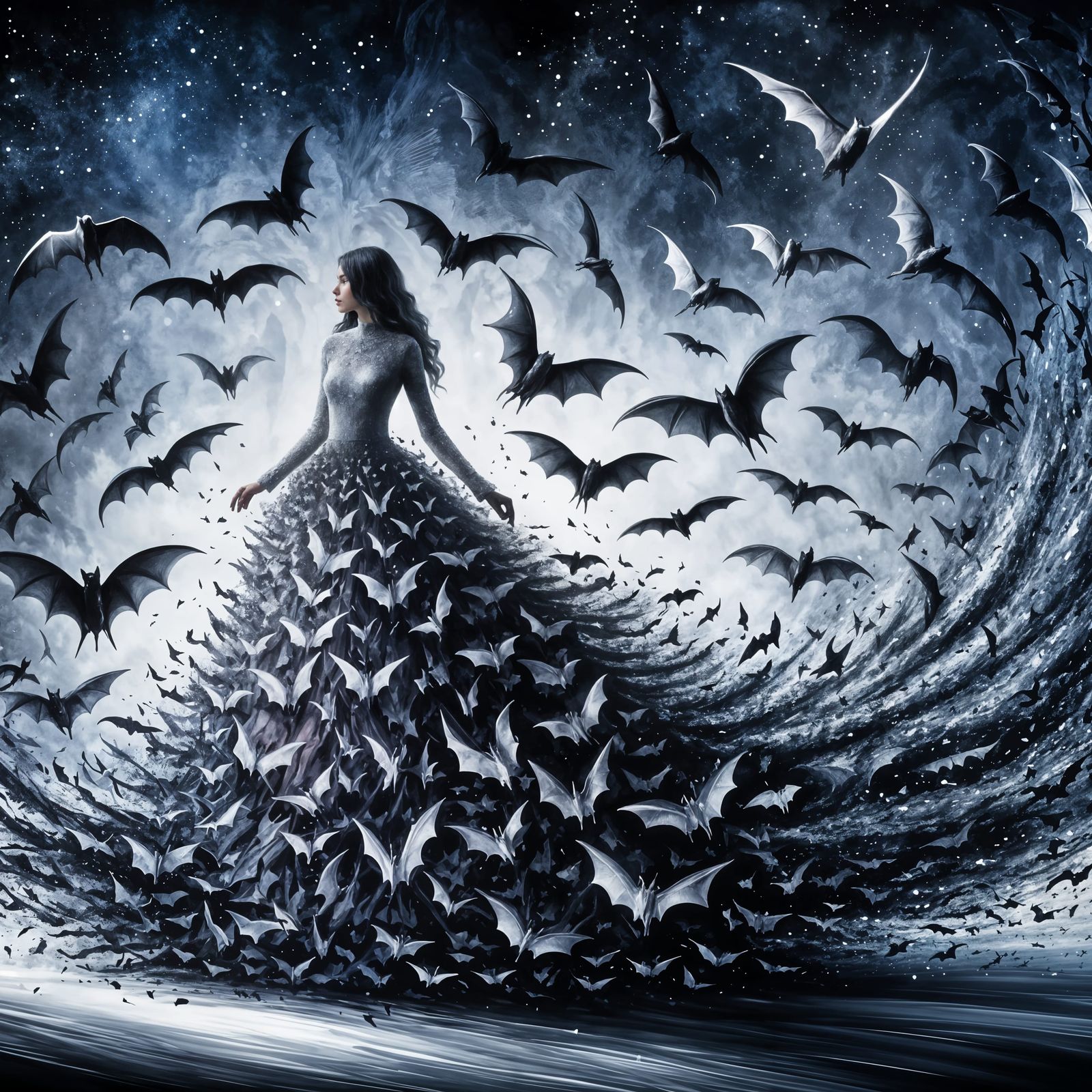 Bat Queen Under Starry Skies: Impressionistic Art