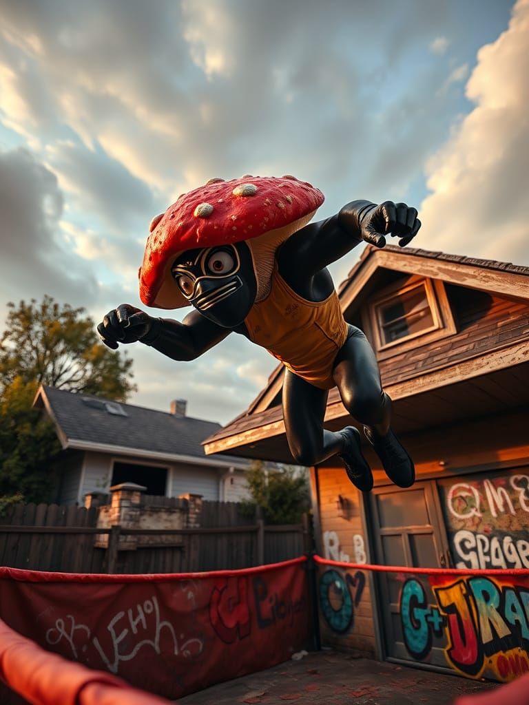 Majestic Mushroom Luchador Leaps into Vibrant Action