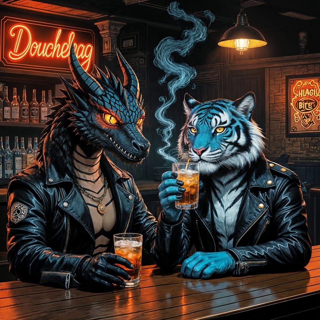 Anthro Dragon and Tiger Enjoy Drinks at a Bar