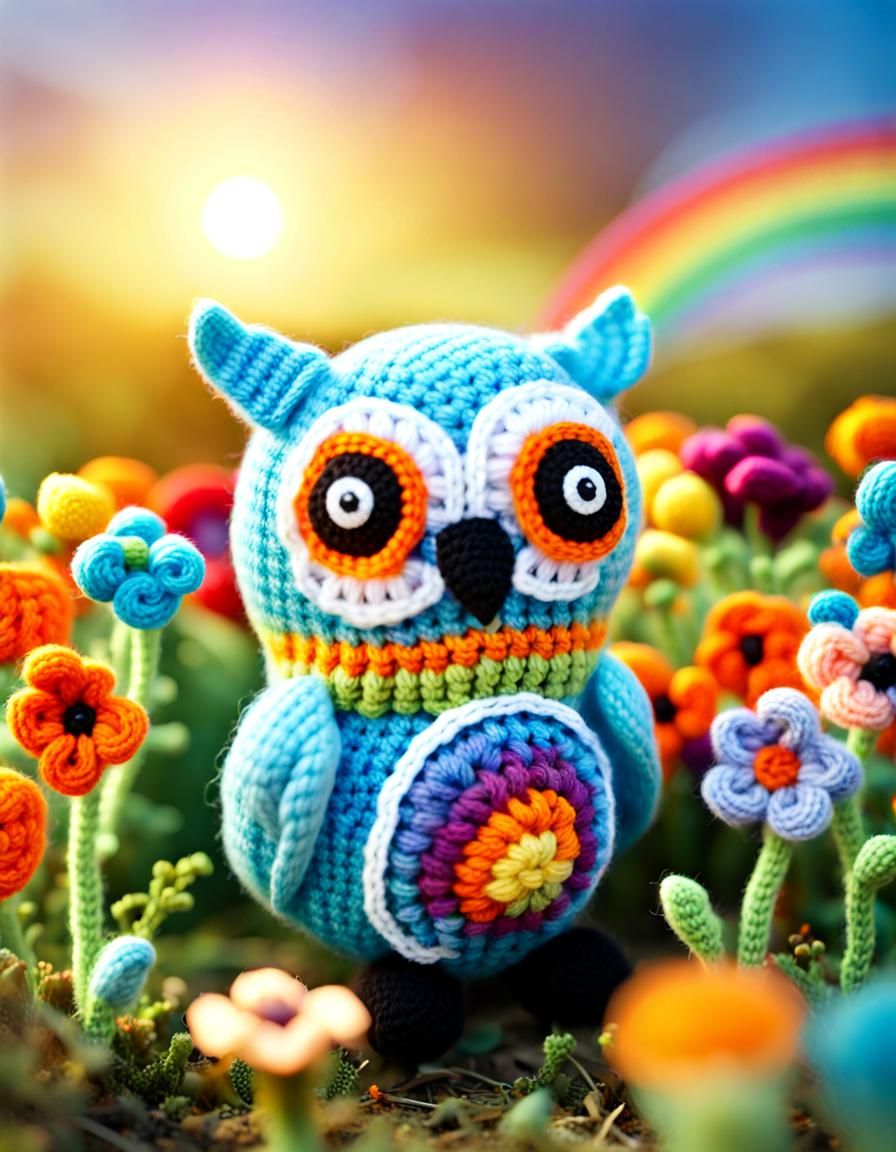 Adorable Knitted Halloween Owl in Sunny Garden