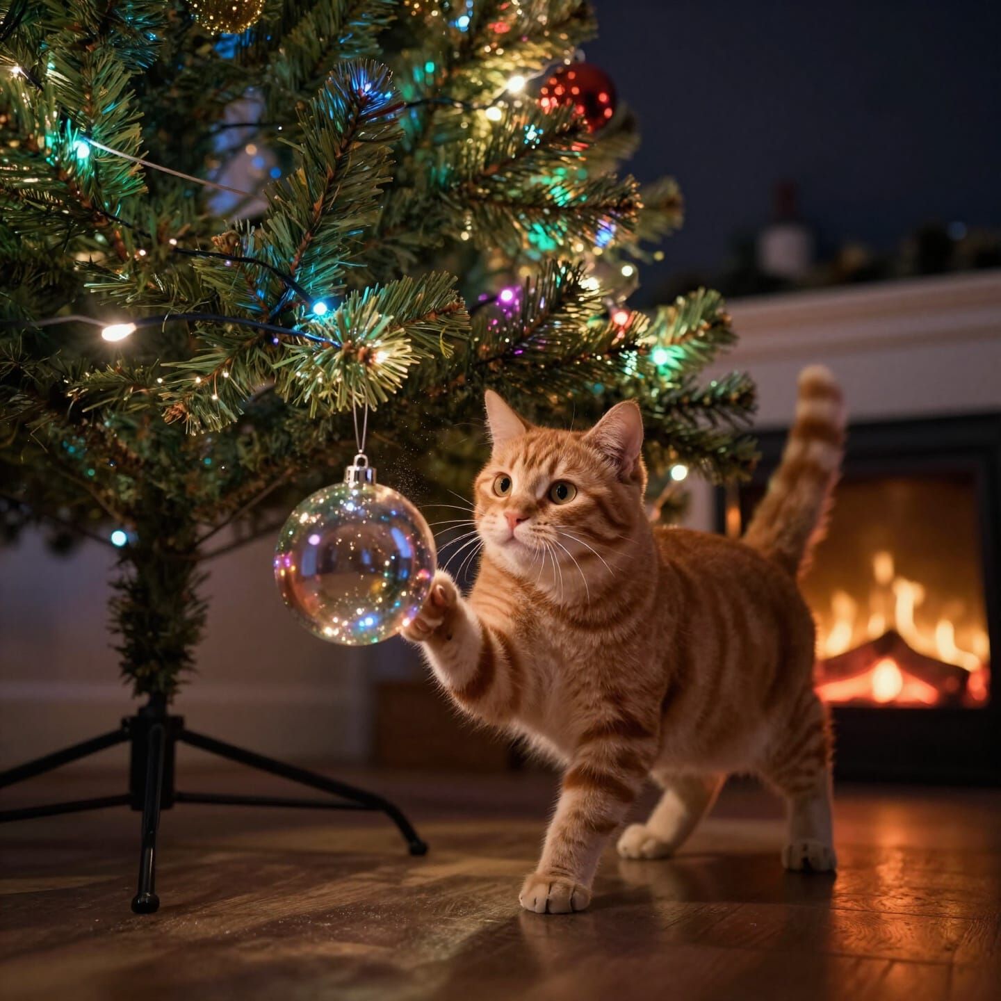 Ginger Cat Pounces on Ornament Under Glowing Christmas Tree