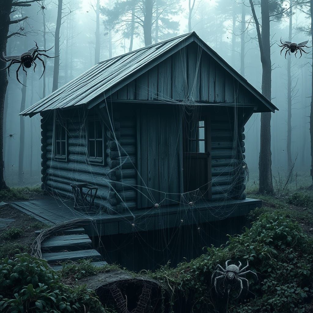 Abandoned Cabin in Eerie Forest Landscape