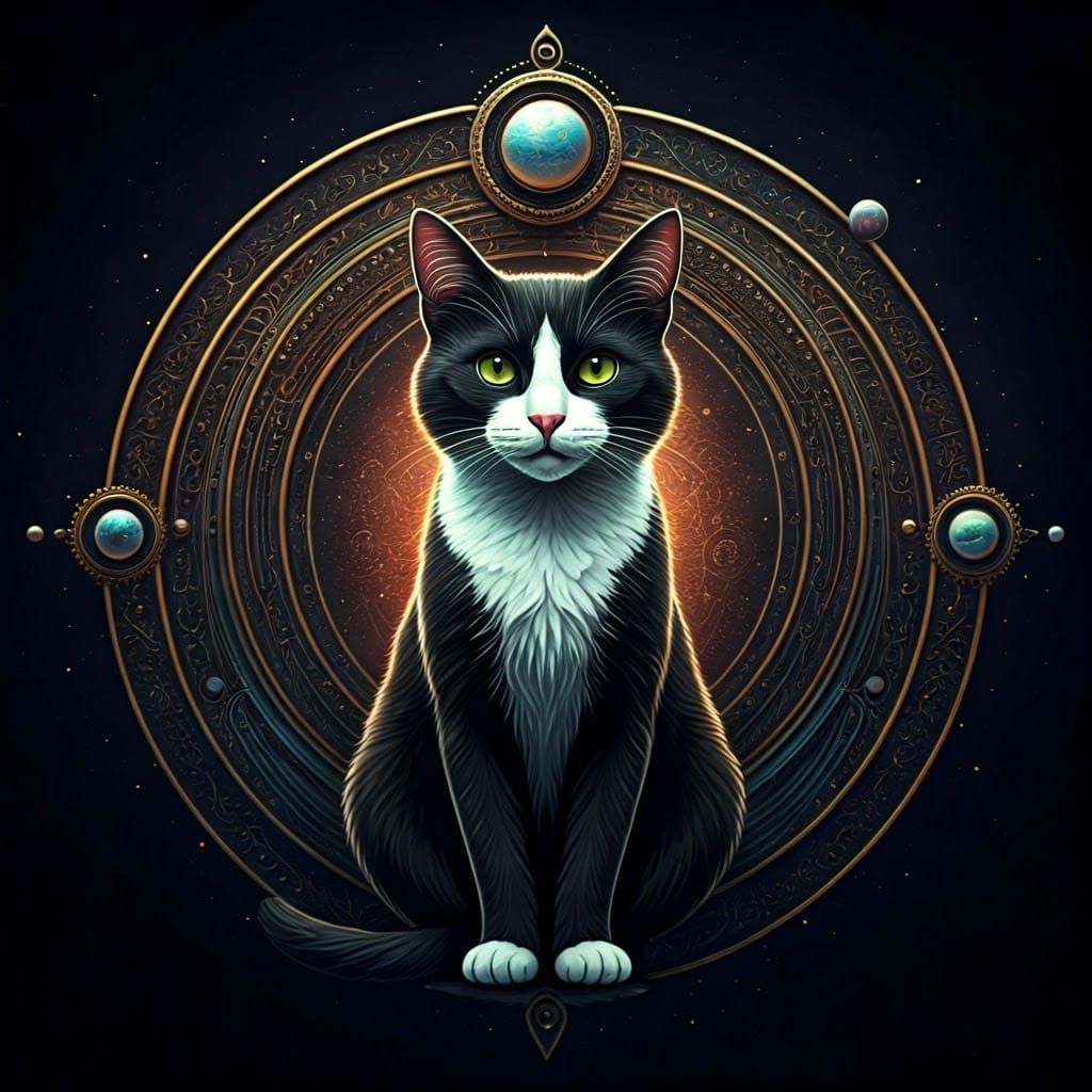 Cosmic Cat Holographic Illustration in Mixed Media