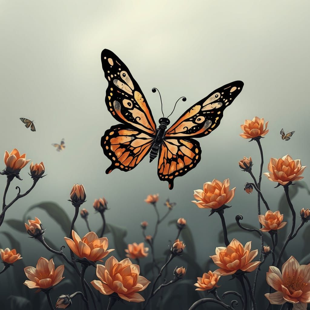 Whimsical Gothic Butterfly in a Misty, Twisted Garden