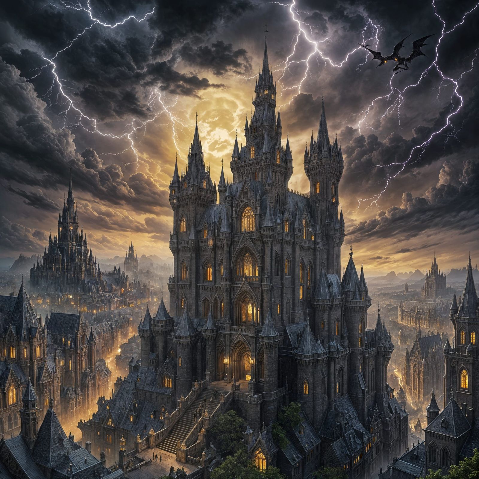 Dark Castle with Gargoyles in Stormy Night