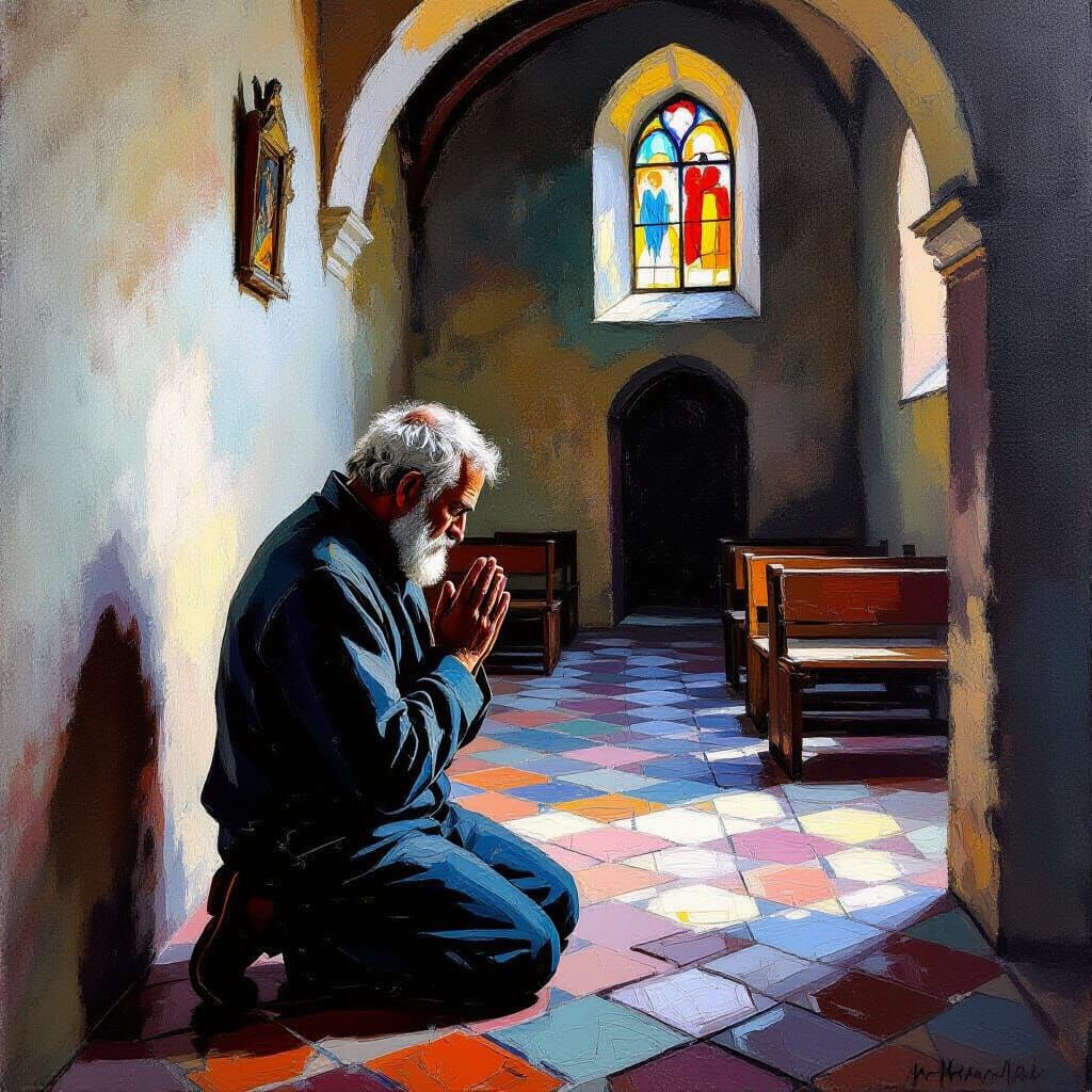 Impressionist Painting: Elderly Man Praying in Church