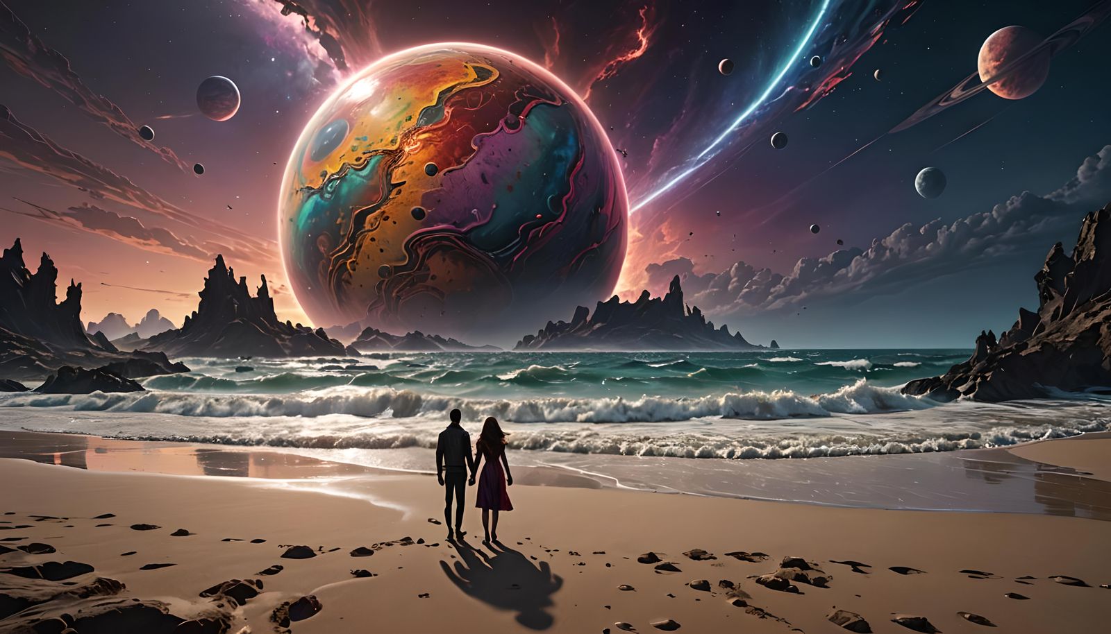 Romantic Couple on Alien Planet with Crashed Spaceship