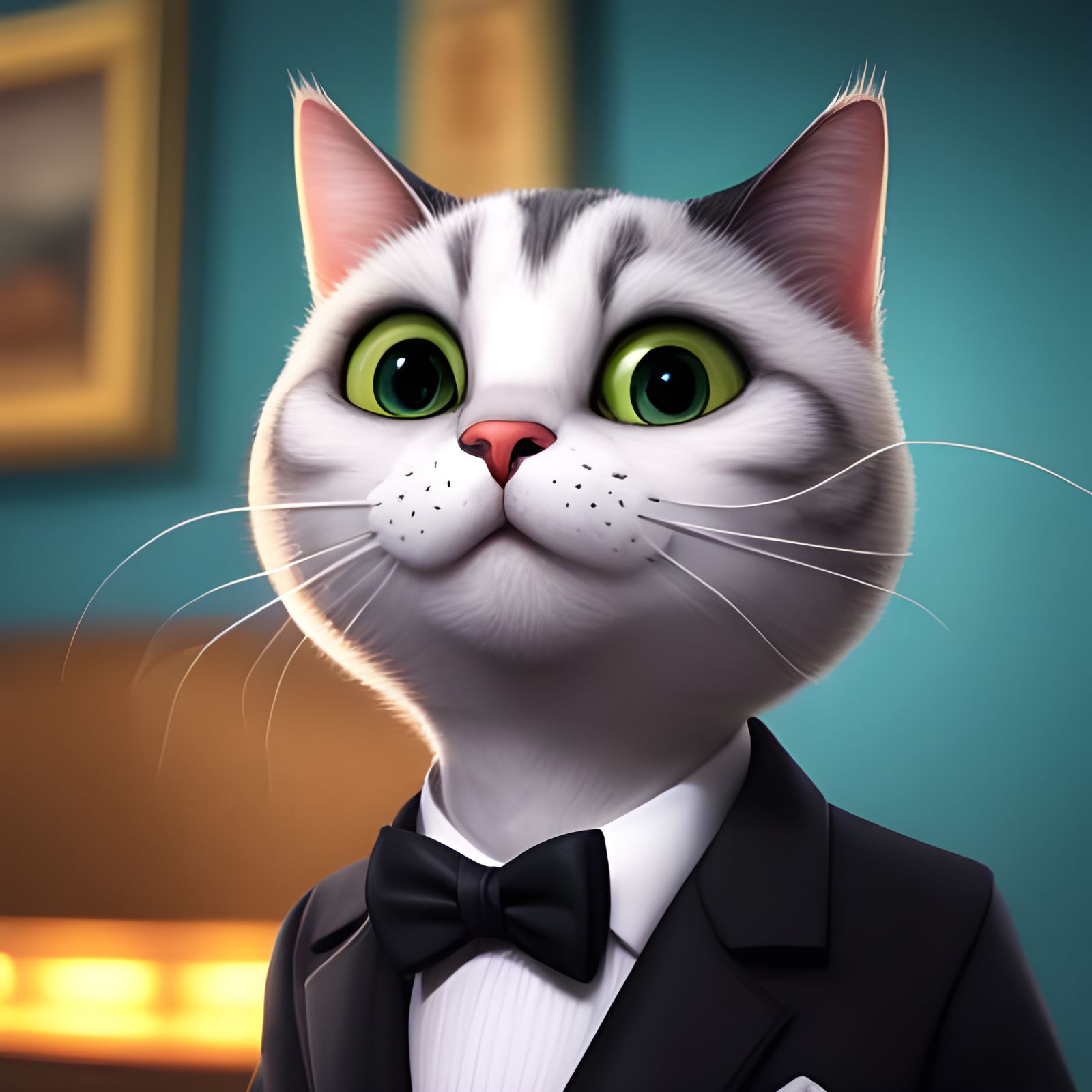 Adorable Cat Spy Portrait in Tuxedo, Pixar Style