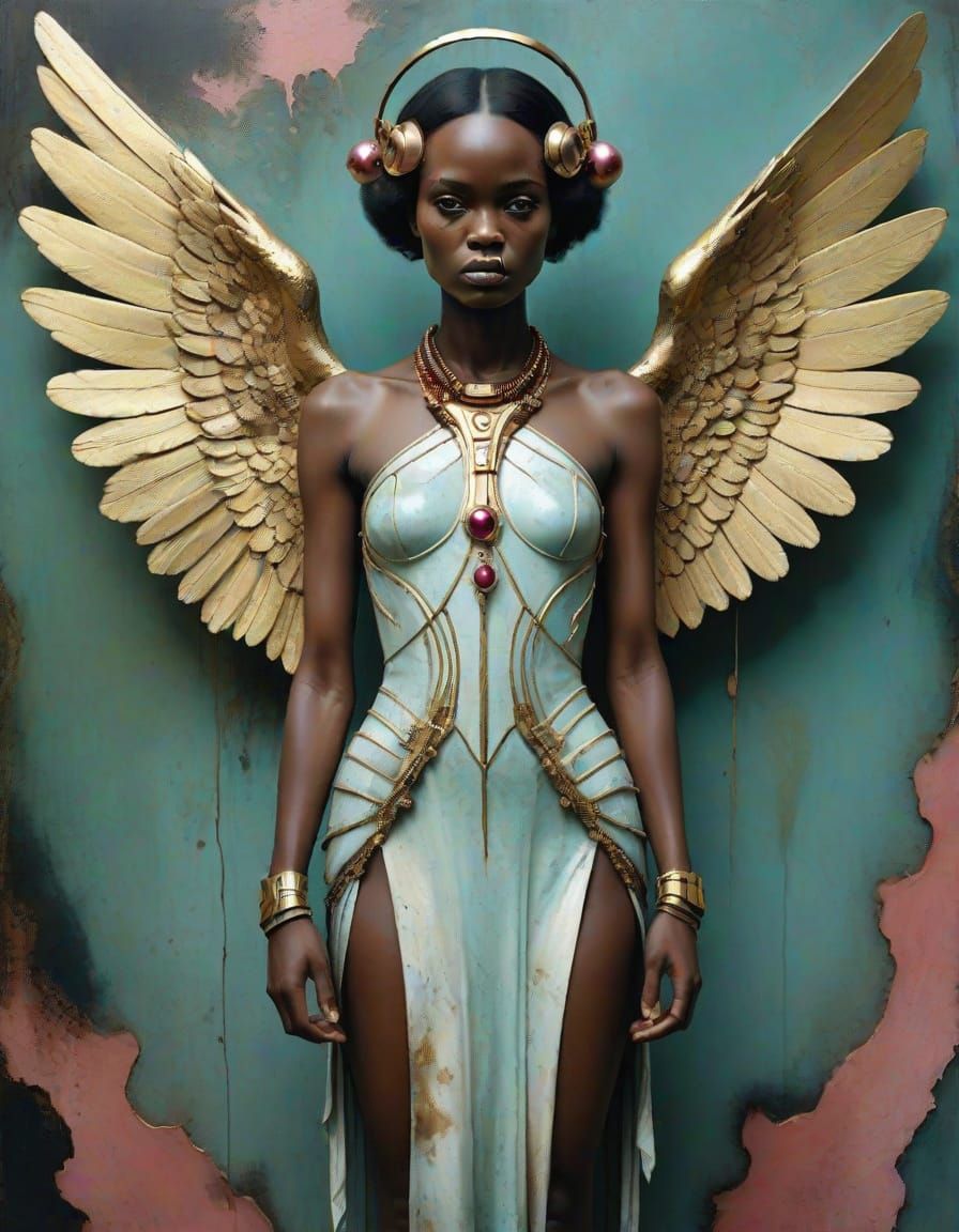 Angel Portrait in Art Deco Grunge Style with Gold Accents