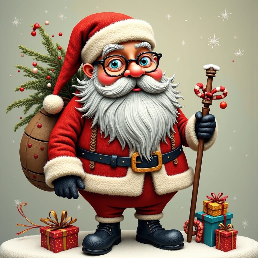 Whimsical Santa Claus Character in Folk-Art Style