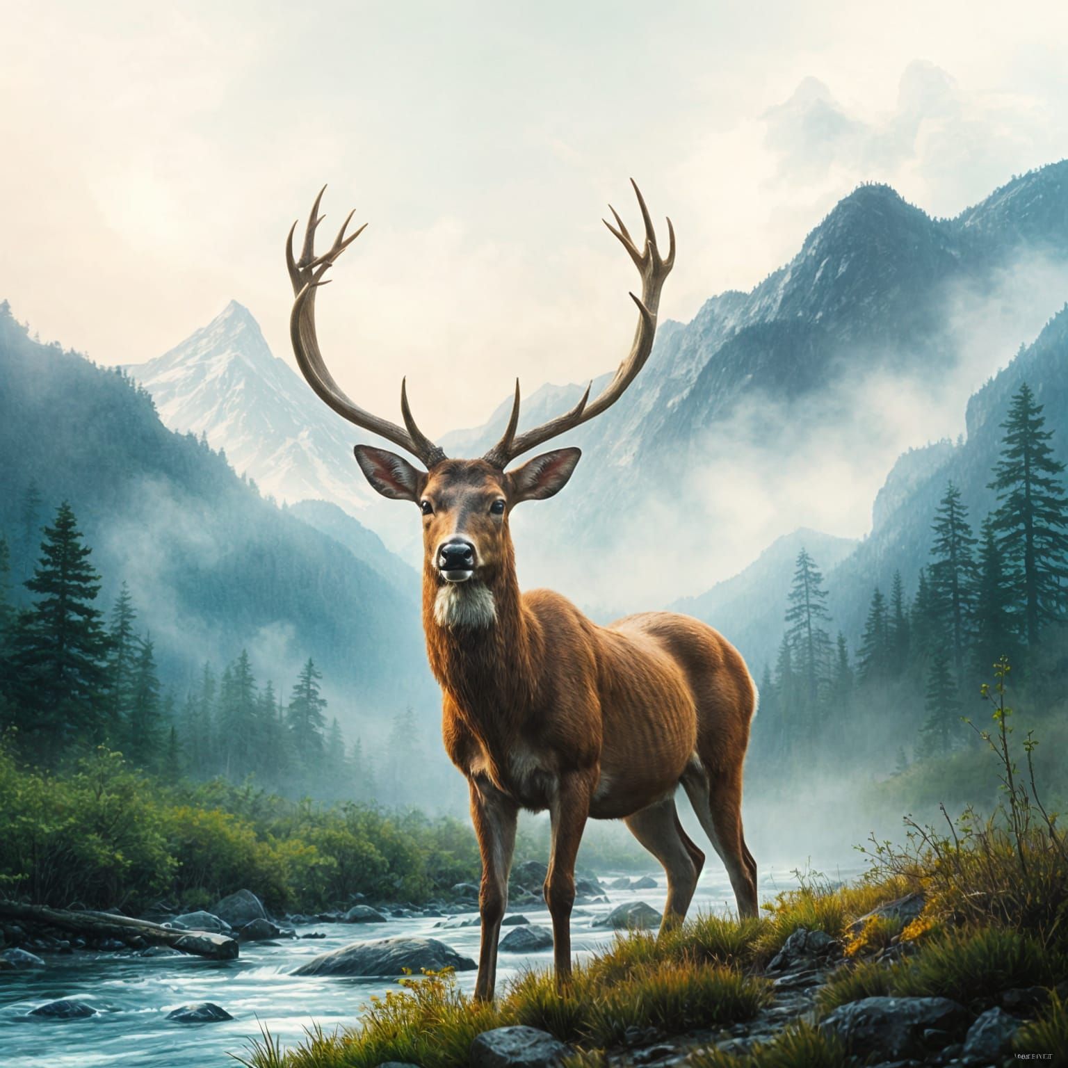 Ethereal Watercolor Landscape with Buck Deer in Majestic Mou...