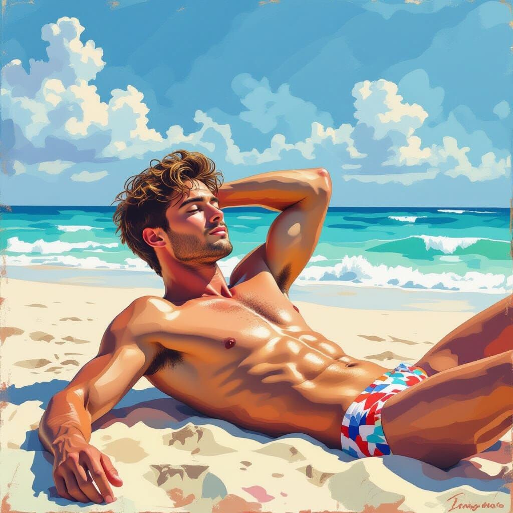 Sunbathing Man: Neo-Impressionist Gouache and Watercolor