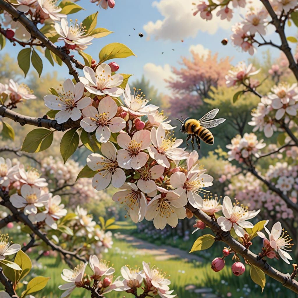 Impressionist Apple Tree Blooms in Vibrant Garden