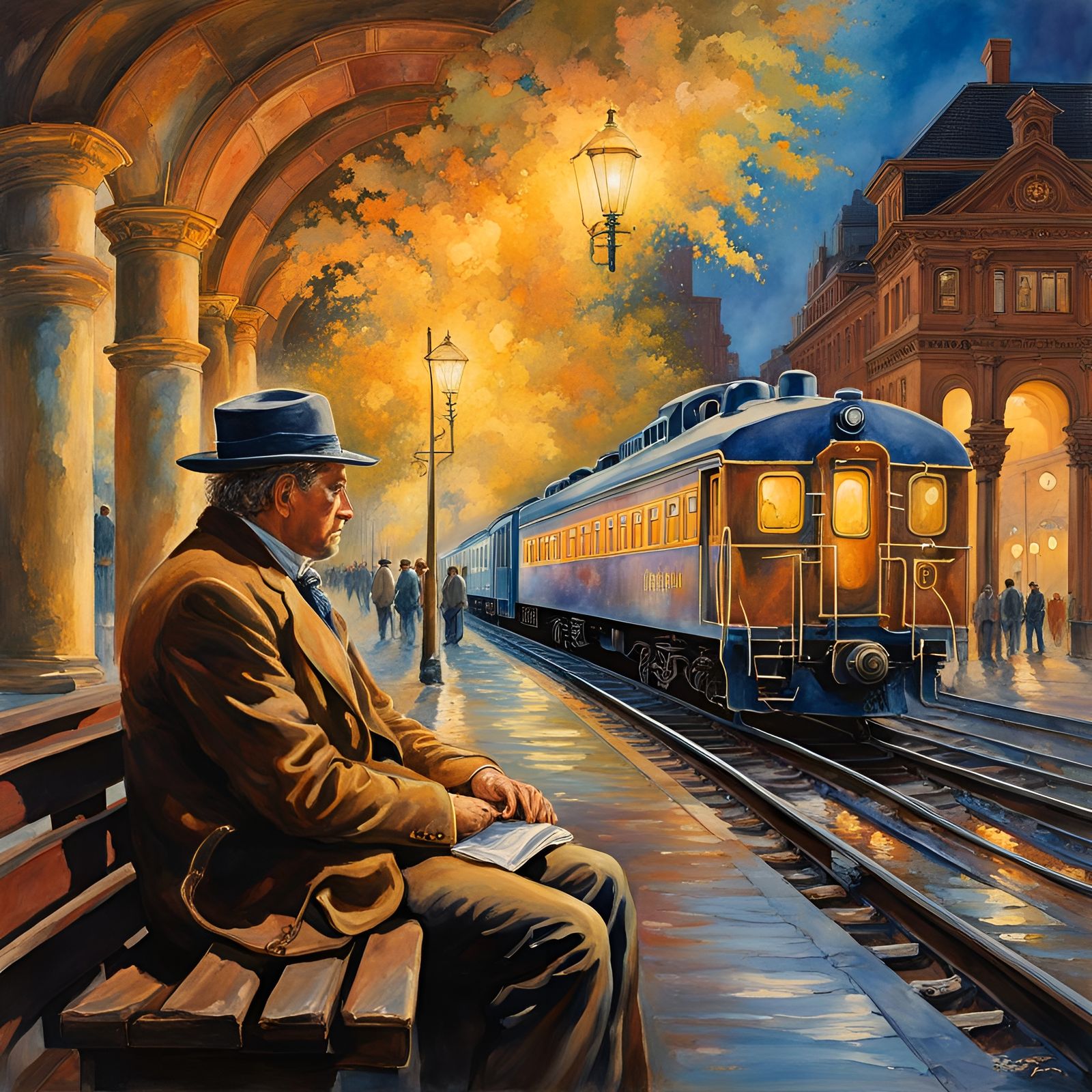 Golden Light at Railroad Station: Watercolor Style