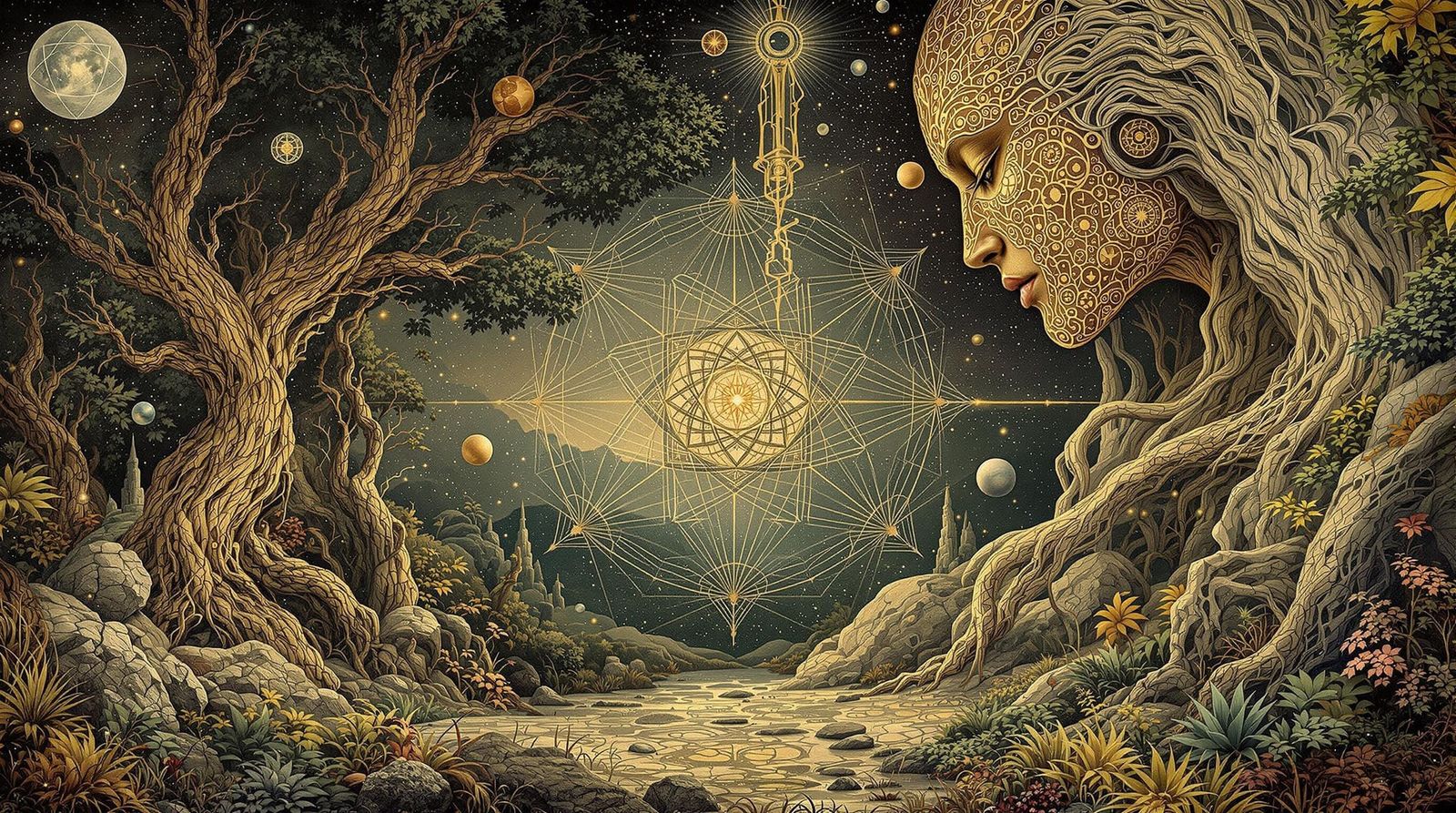 Sacred Geometry Meets Futuristic Nature in Earthy Hues