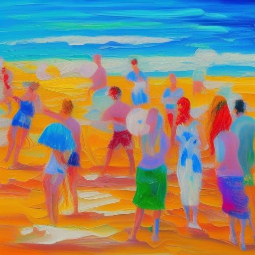 Colorful Beach Party in Expressionist Impasto Style