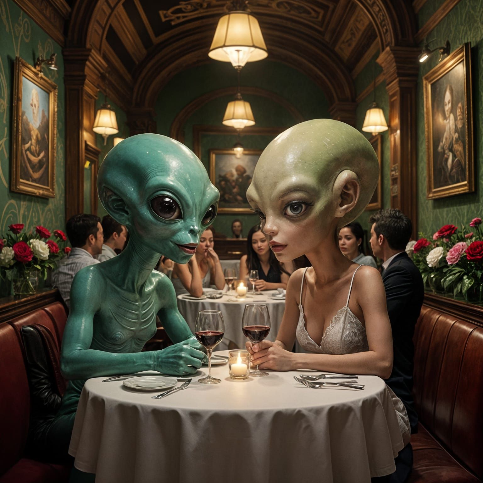 Alien Couple on Romantic Date in Italian Restaurant