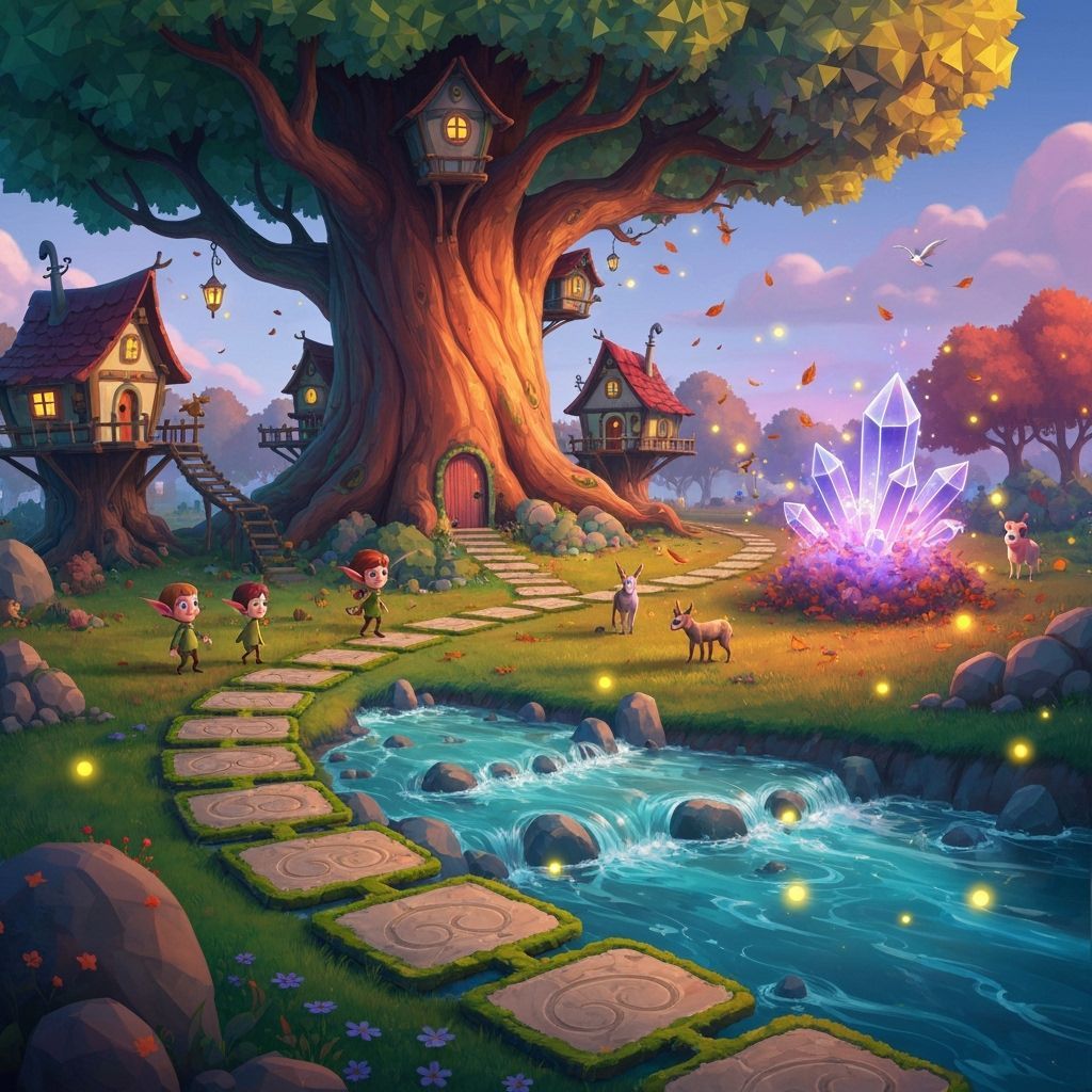 Whimsical Elf Village with Polygonal Tree