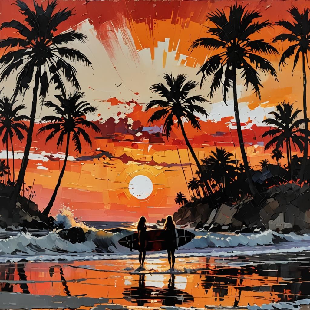 Radiant Sunset at Malibu Beach in Impasto Style
