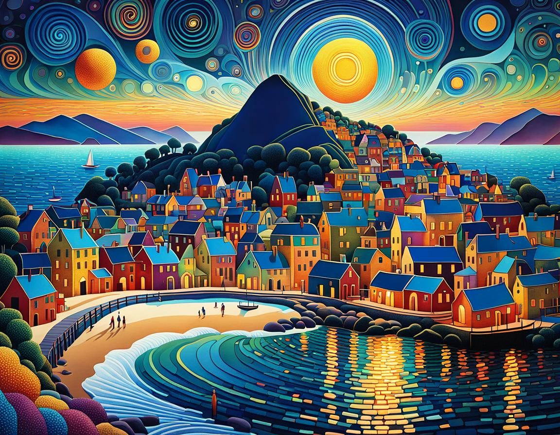 Whimsical Seashore Village in Kinetic Pointillism