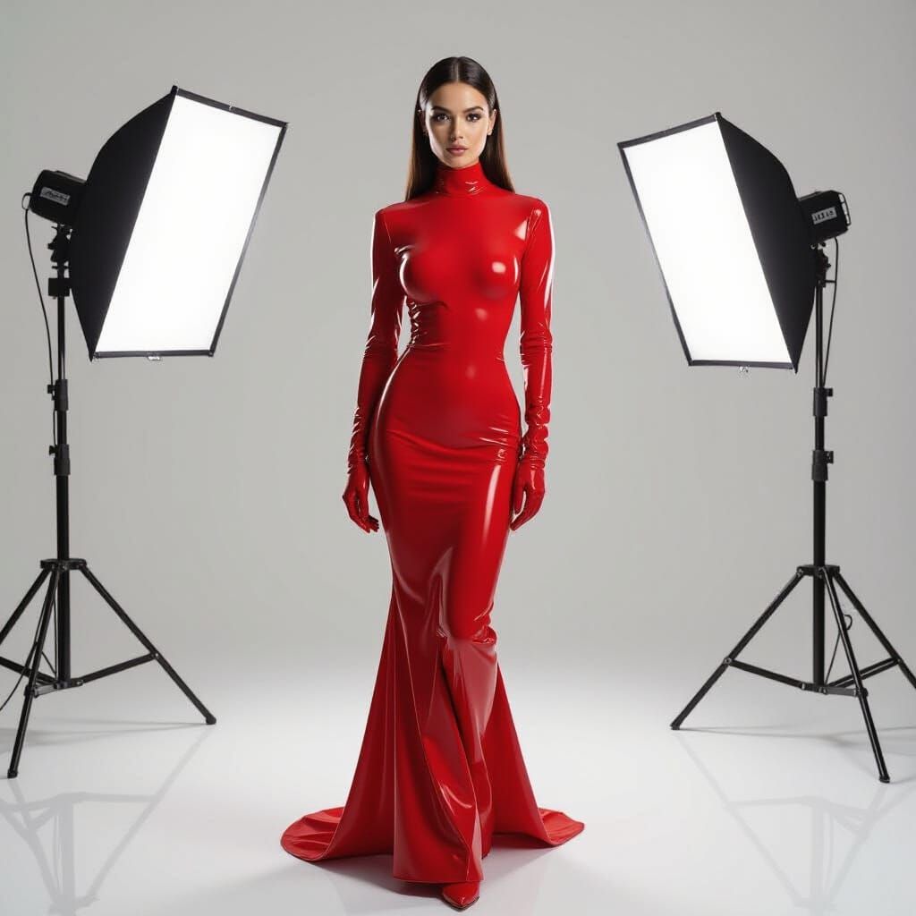 Woman in Red Latex Fashion, Cinematic Studio Portrait