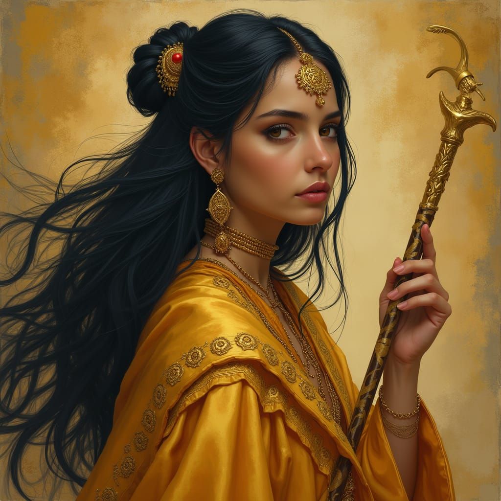 Regal Woman in Golden Ghaghra, Navy Hair