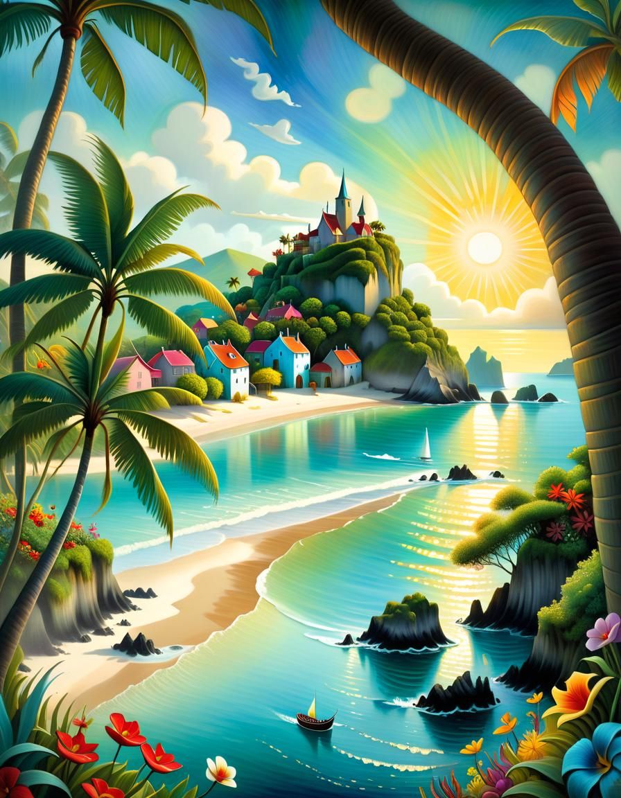 Tropical Island Village in Watercolor Style