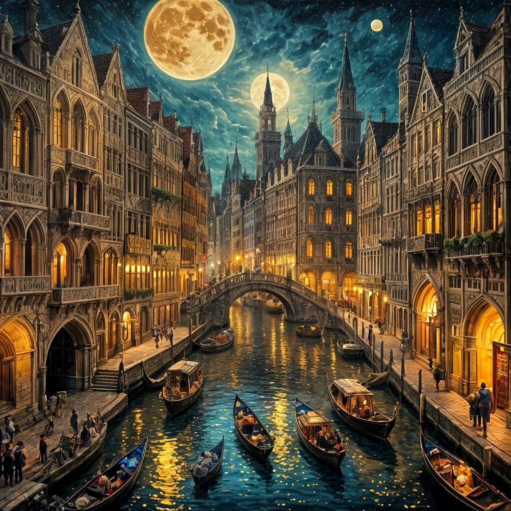 Fantastical Gothic Cityscape at Night in Watercolor Style