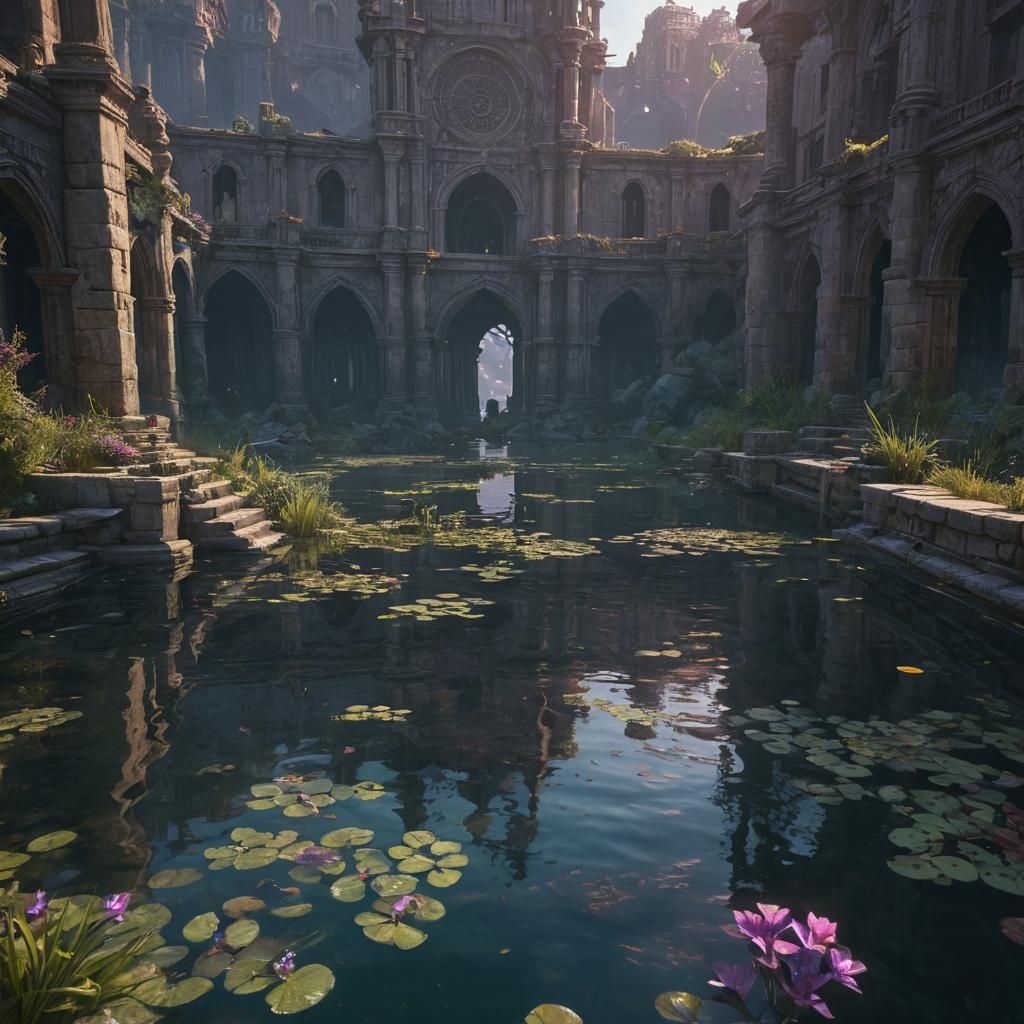 Sunlit Ruins Under Artificial Lake: Dark Fantasy Art