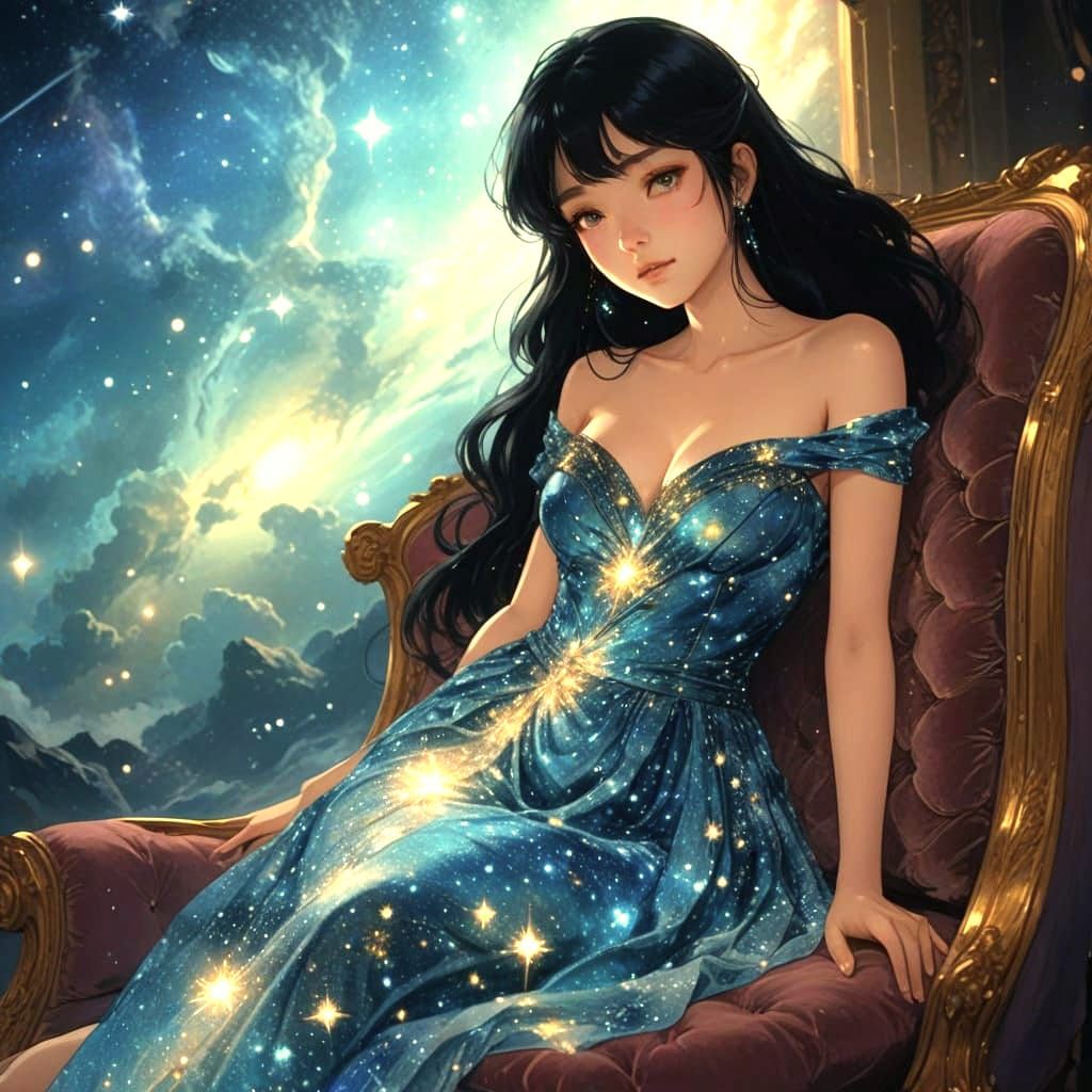 Anime Woman in Stardust Dress on Velvet Chaise
