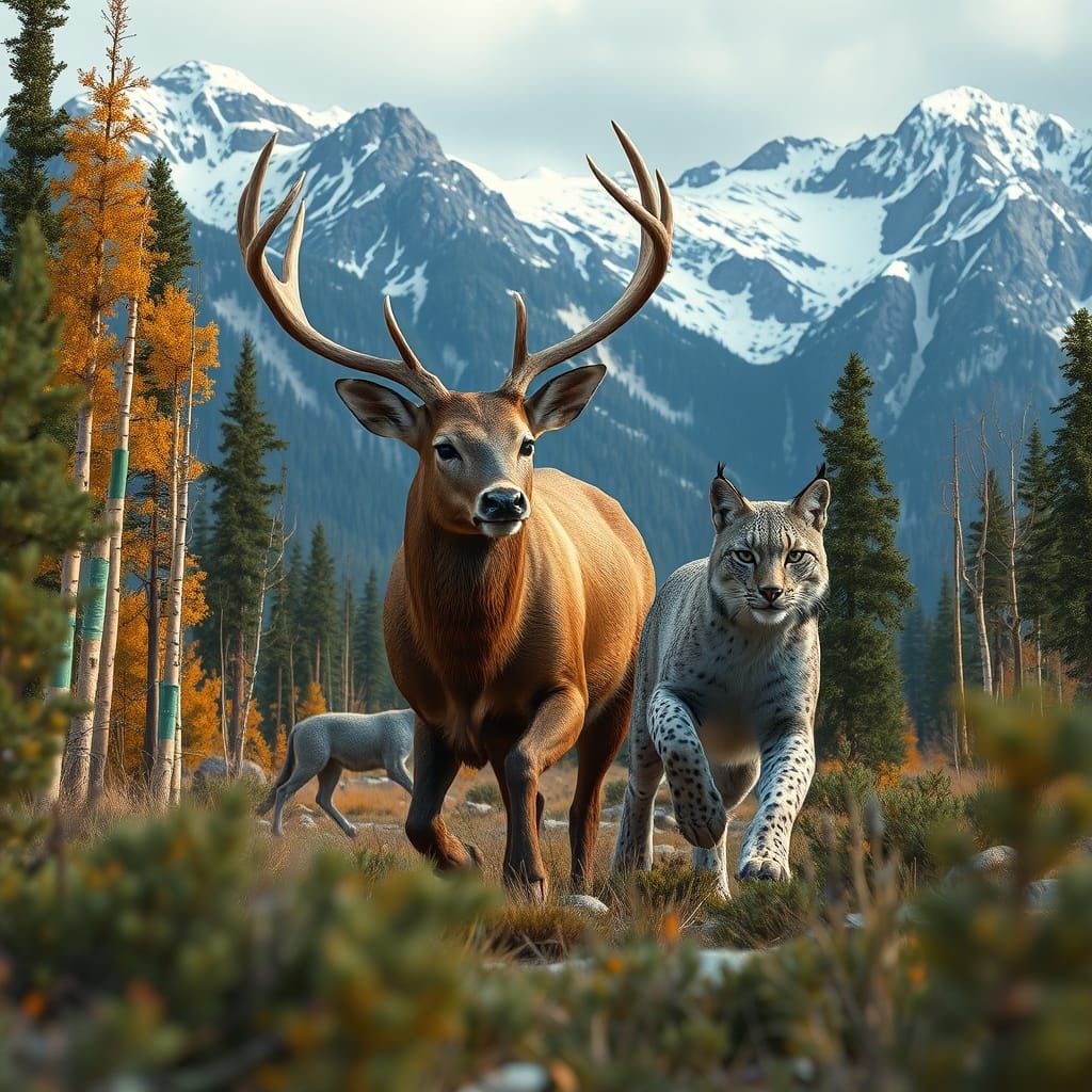 Majestic Deer Flees Lynx in Rocky Mountains Landscape