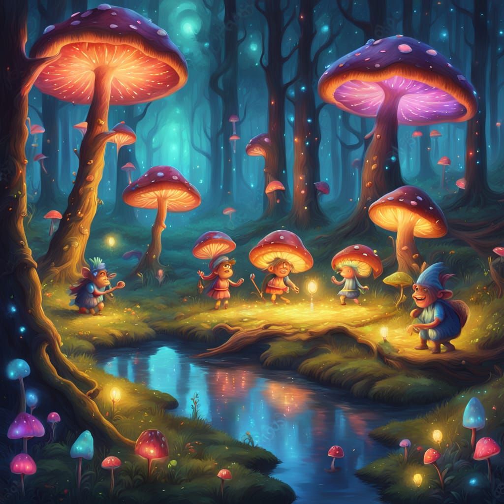 Trolls' Forest Party: A Whimsical Oil Painting