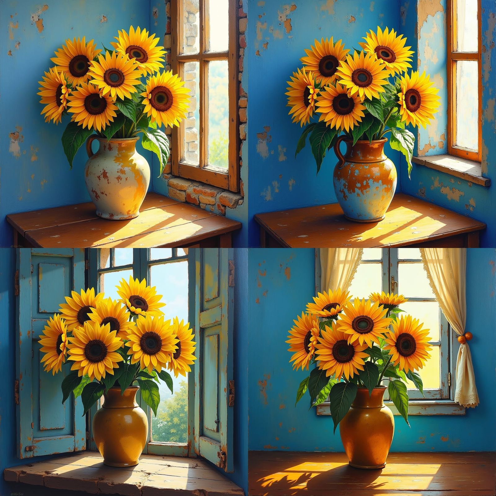 Sunflowers by a Window as Impasto Oil Painting