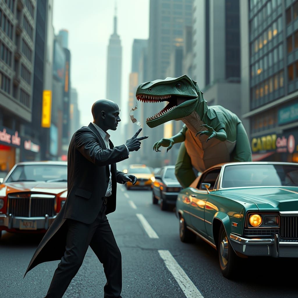 Futuristic Duel: Dinosaur vs. Suited Figure in Origami Style