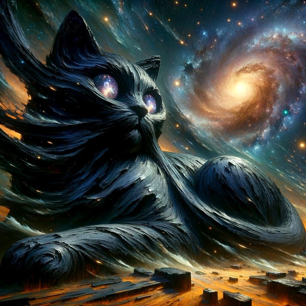 Obsidian Cat with Nebula Eyes on Alien Statue