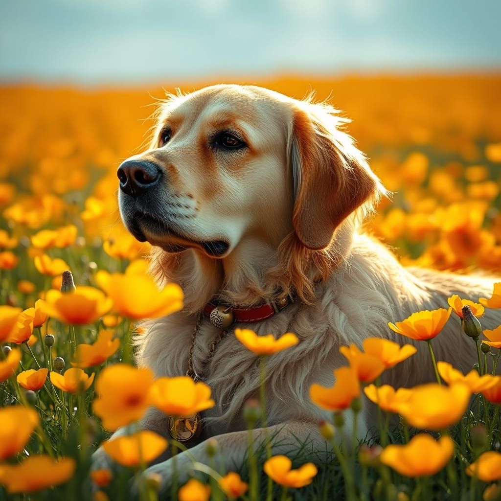 Golden Retriever in Poppy Field: Hyperrealistic Digital Art