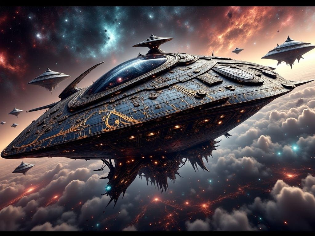 Massive Rococo Spaceship in Vibrant Nebula