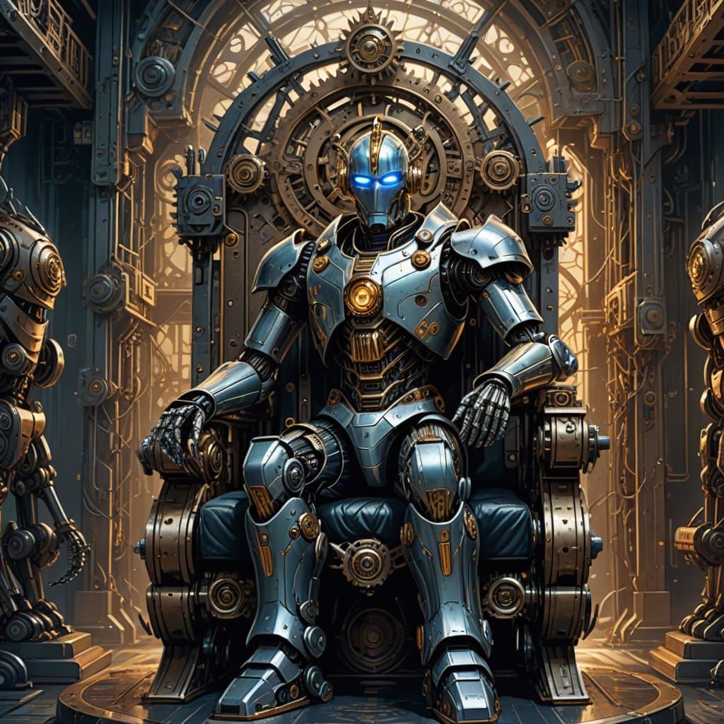 Robot King Commands Subjects on Ornate Throne