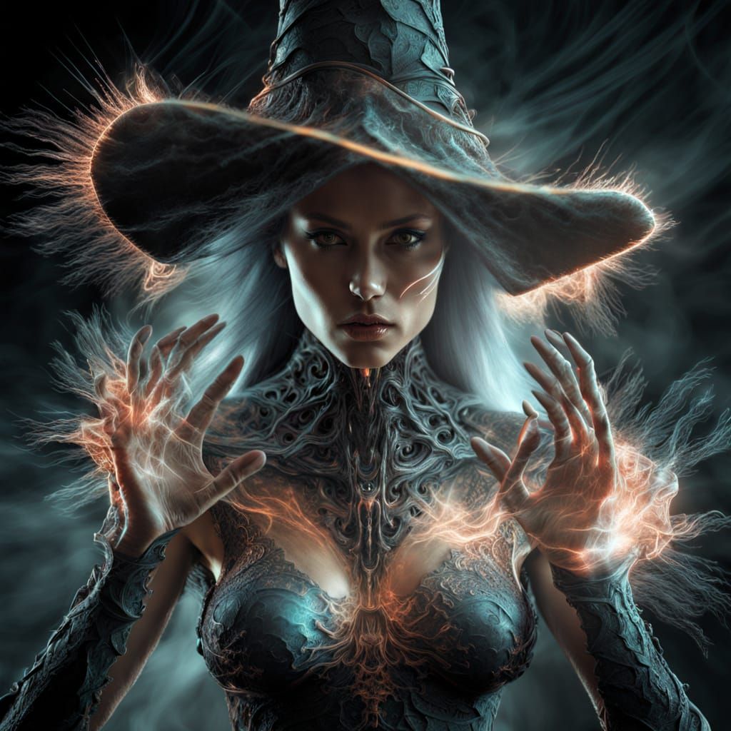 Biomechanical Witch Conjuring Digital Storm in Glitch Art