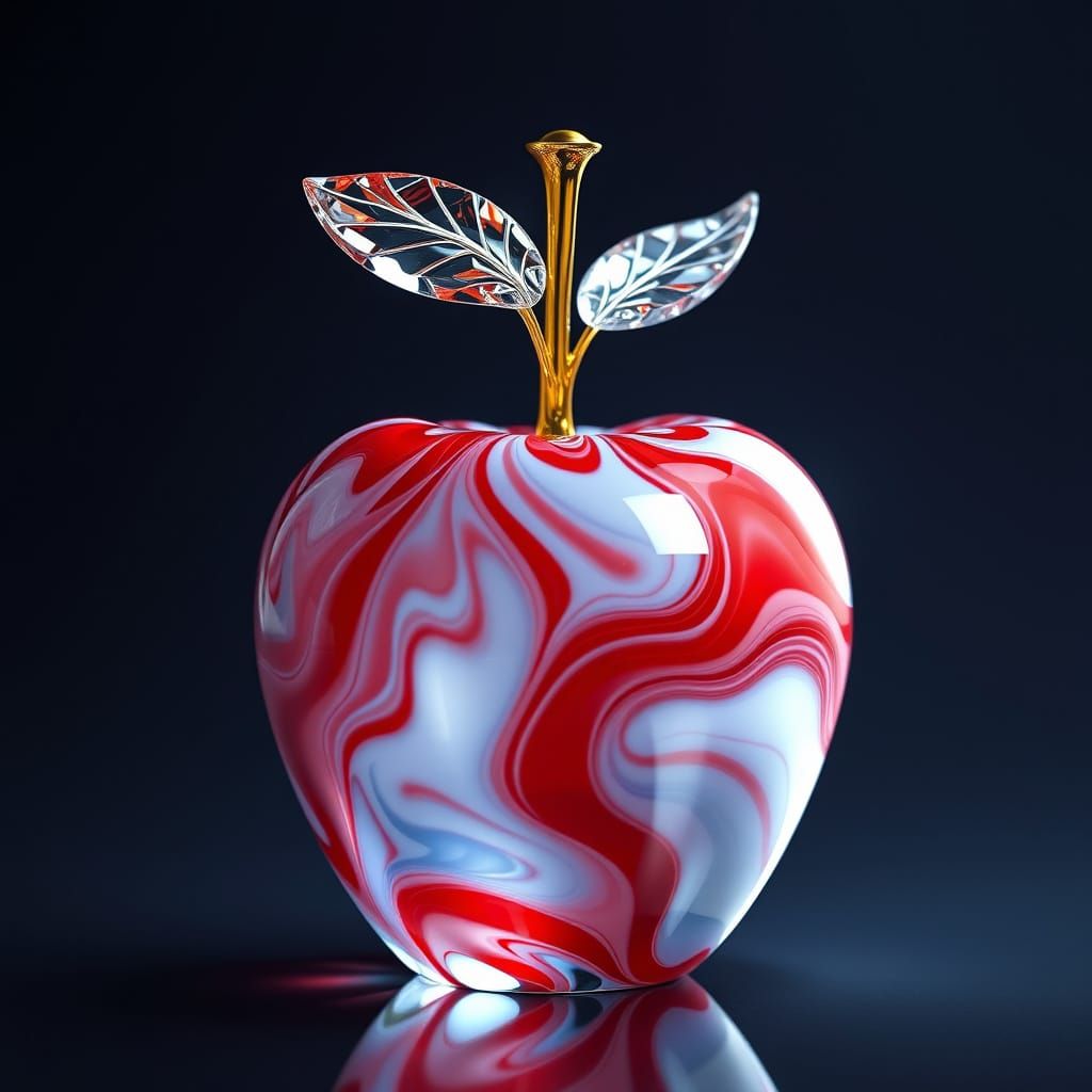 Glass Apple Sculpture with Red, White, Blue Patterns