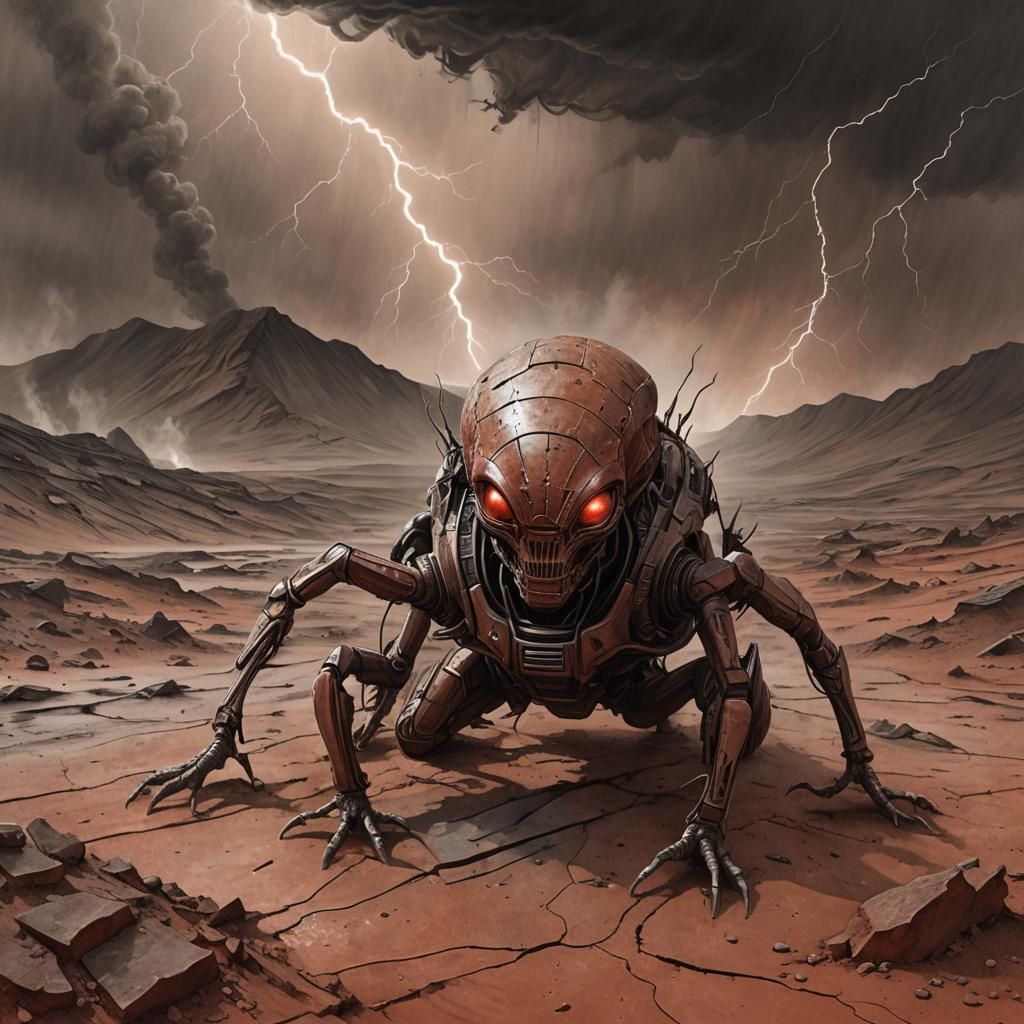 Alien Crawling on Mars During Electrical Storm