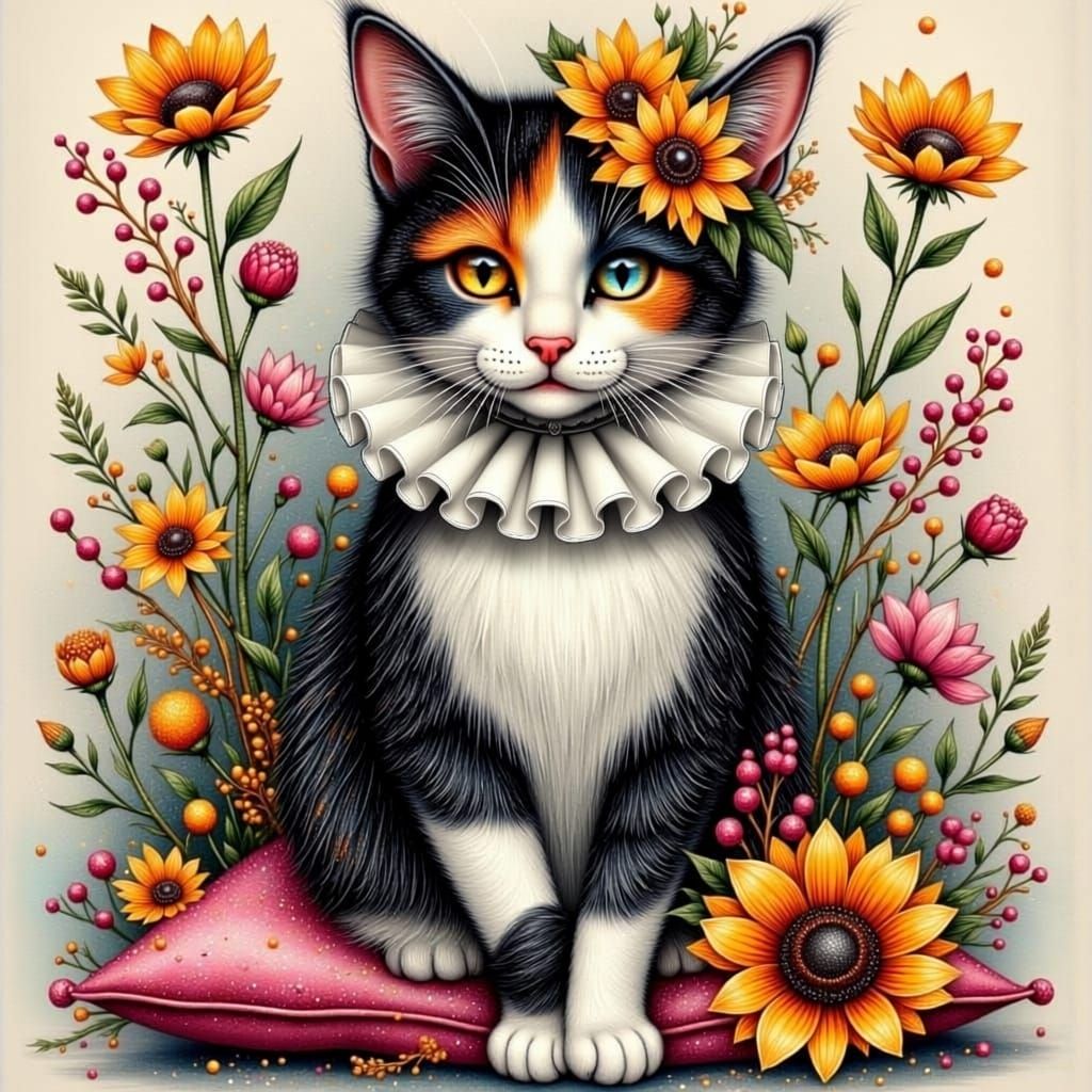 Calico Kitty Adorned with Pearls and Sunflowers