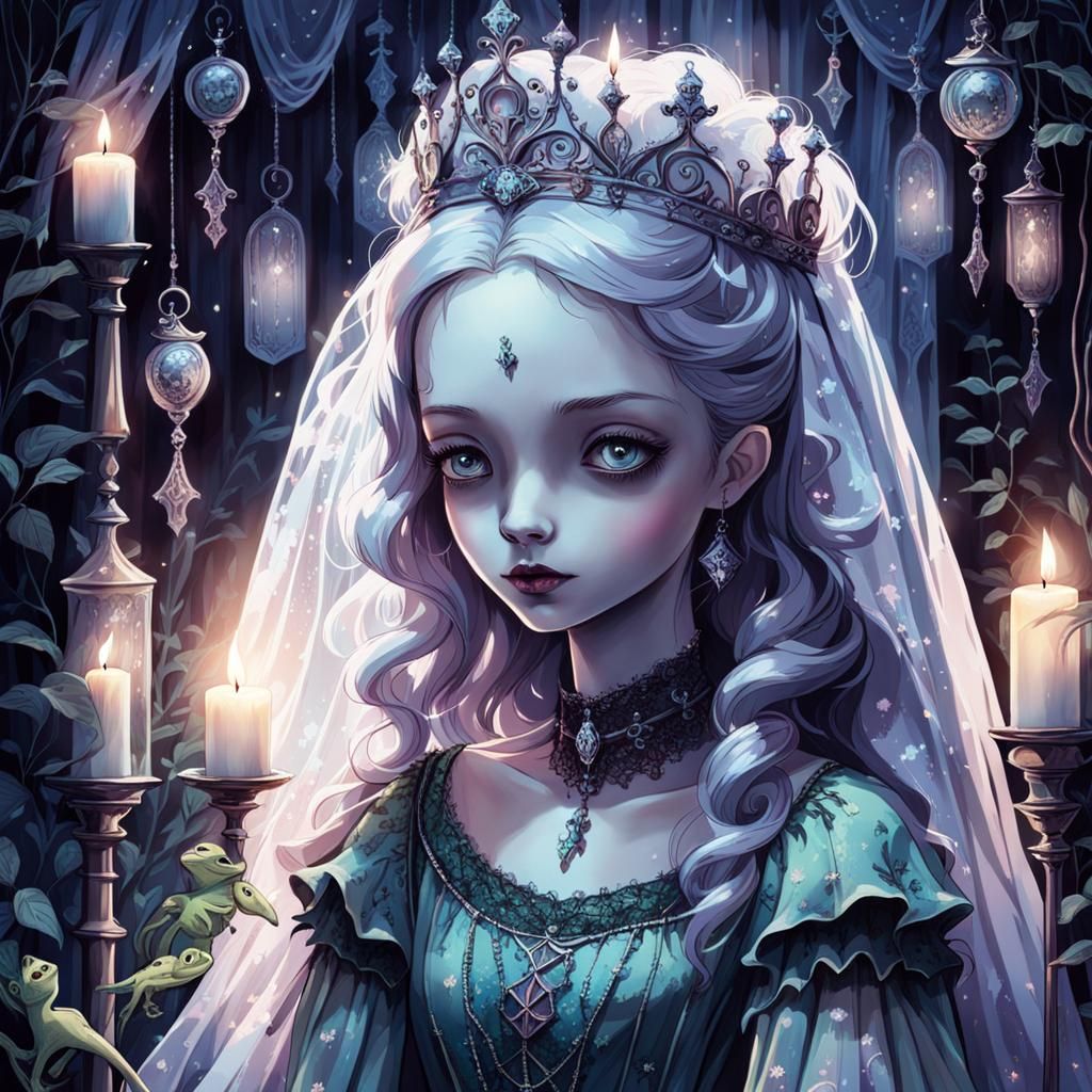 A sad ghost princess behind a curtain together with a gecko