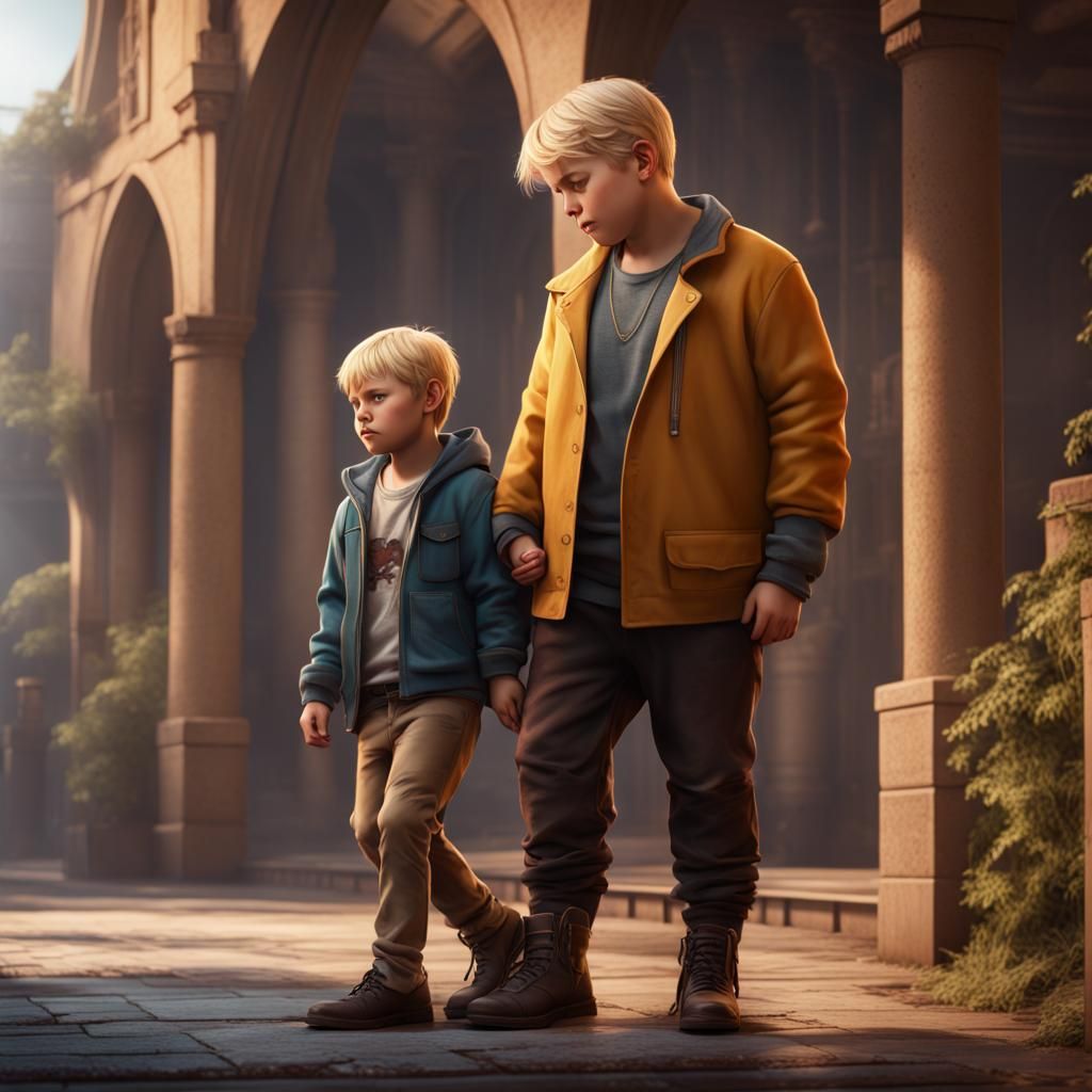 Blond Boy Holds Foot: Detailed Matte Painting