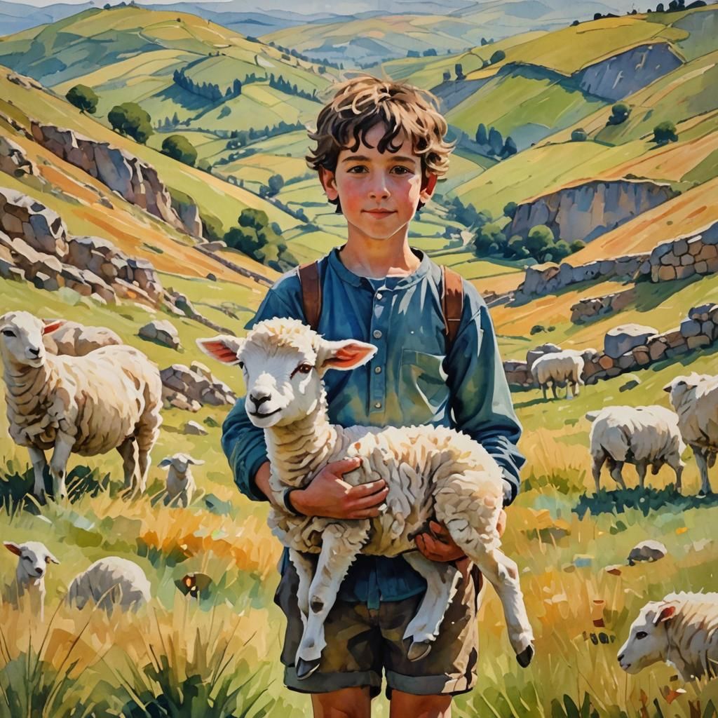 Cute Lamb and Boy in Gouache Watercolor Landscape
