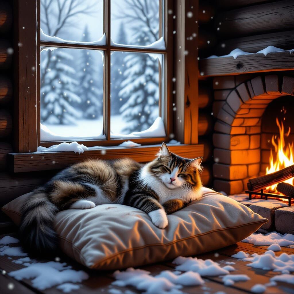 Cozy Old Cat by Fireplace in Rustic Cabin