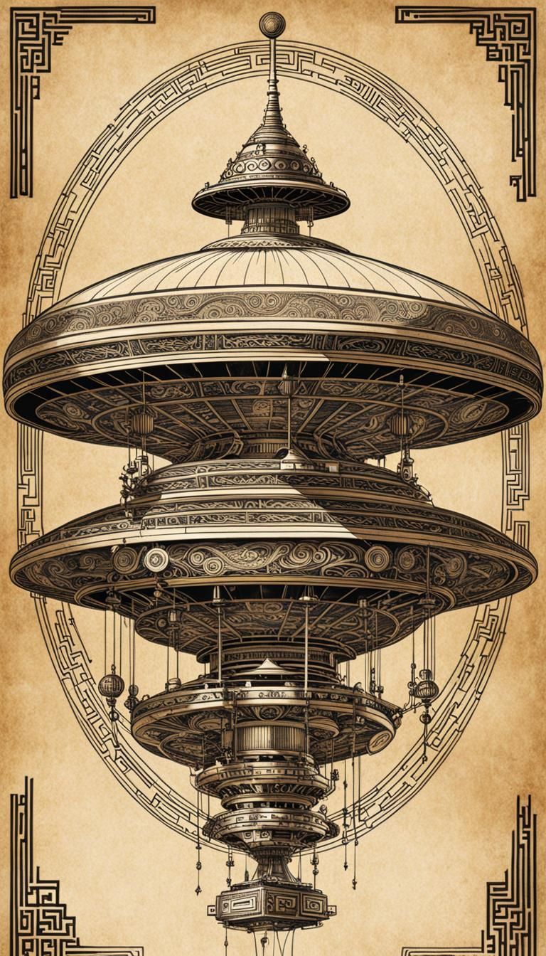 UFO Line Art in Classic Chinese Steampunk Style
