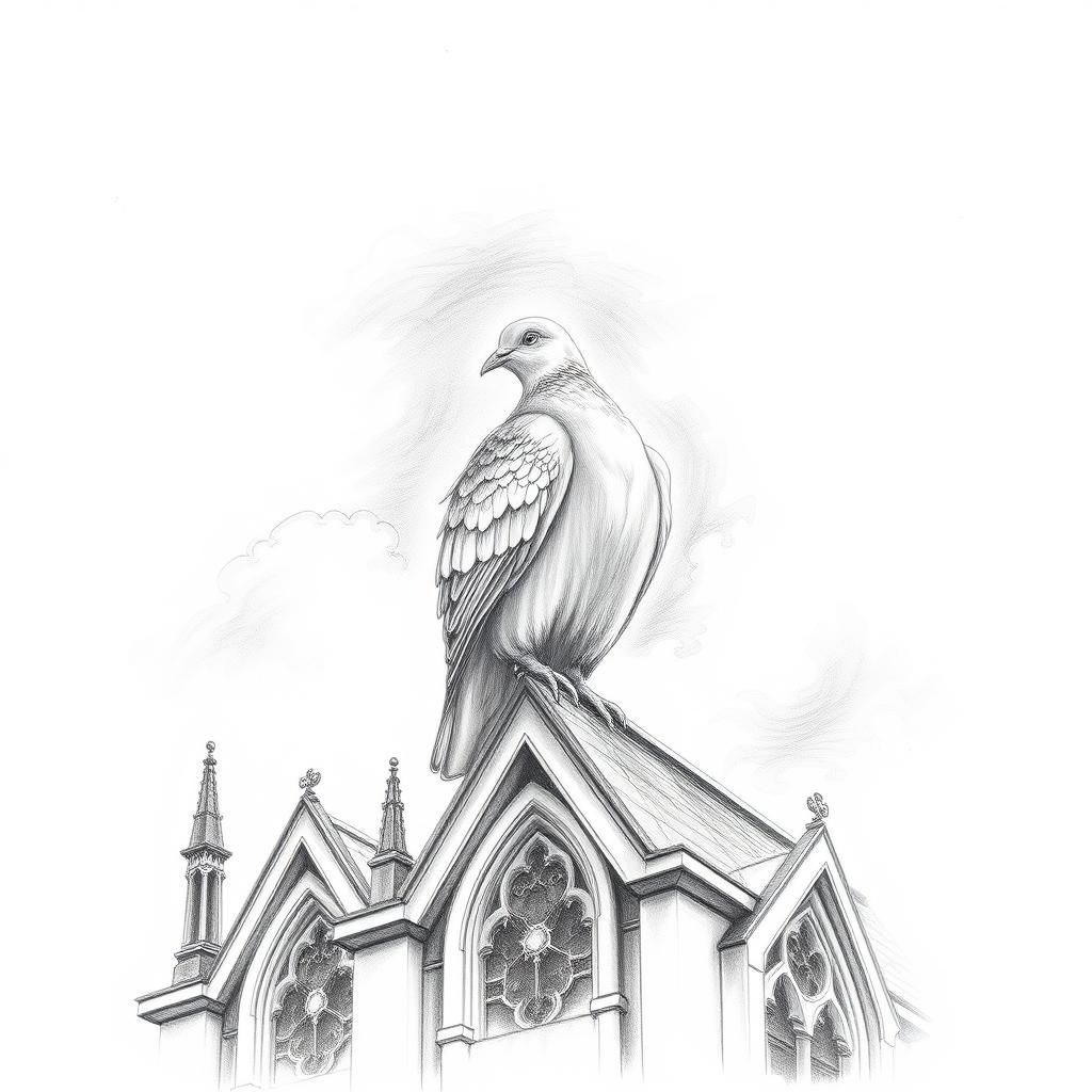 Dove on Gothic Roof: Pencil Sketch with Epic Lighting