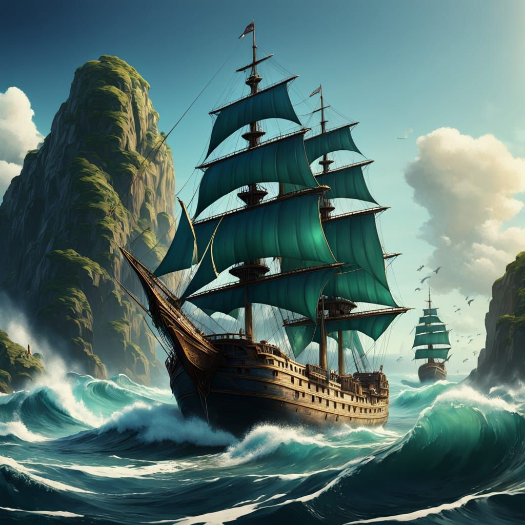 Surreal Low-Poly Ships Sail Through Mystical Ocean in Golden...